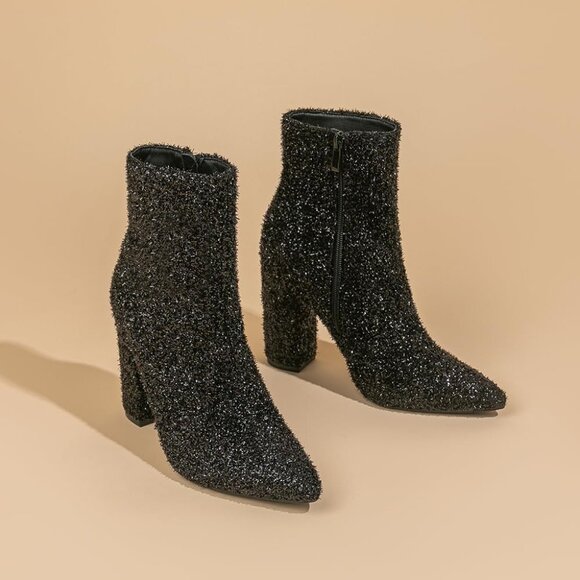 Amoji Ankle Boot Women Size (7.5-9) Black Sequin Pointed Toe With Zipper - Picture 4 of 8